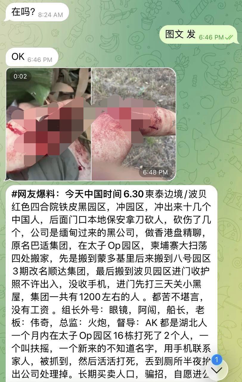 爆料：波贝黑园区，冲园区，冲出来十几个中国人，后面门口本地保安拿刀砍人，砍伤了几个
